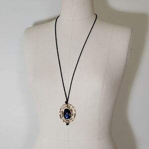 Bella Jack 31-34" Necklace Blue Glass Faceted Stone Gold Hardware Leather Cord